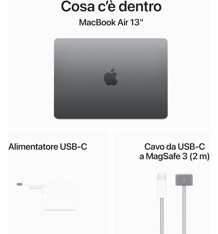 APPLE MACBOOK AIR 13" CHIP M3 (2024) CPU 8-CORE GPU 8-CORE 8GB DI RAM + 256GB SSD GARANZIA 24 APPLE SPACE GRAY - TASTIERA ITALIANA